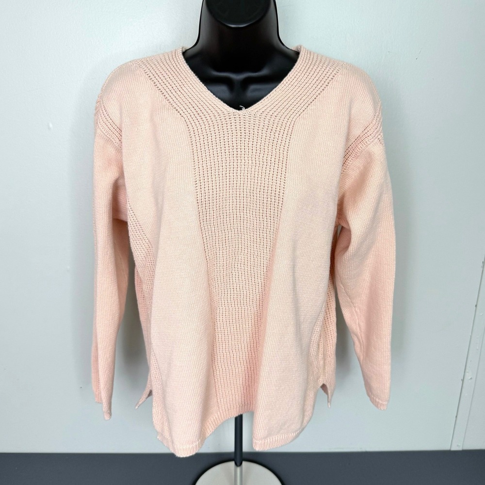 Liz Claiborne Sweater Womens Petite S Spa Sweater V-Neck Peach Pink Cotton Knit